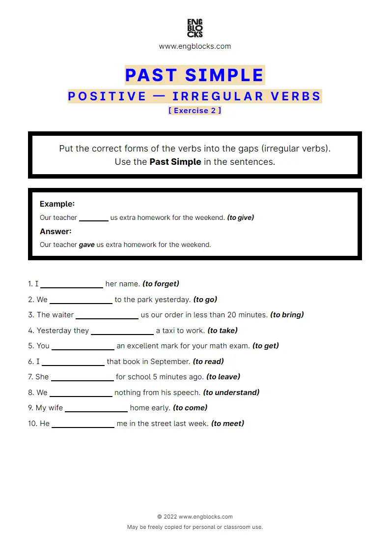 Grammar Worksheet: Past Simple — Positive — irregular verbs — Exercise 2