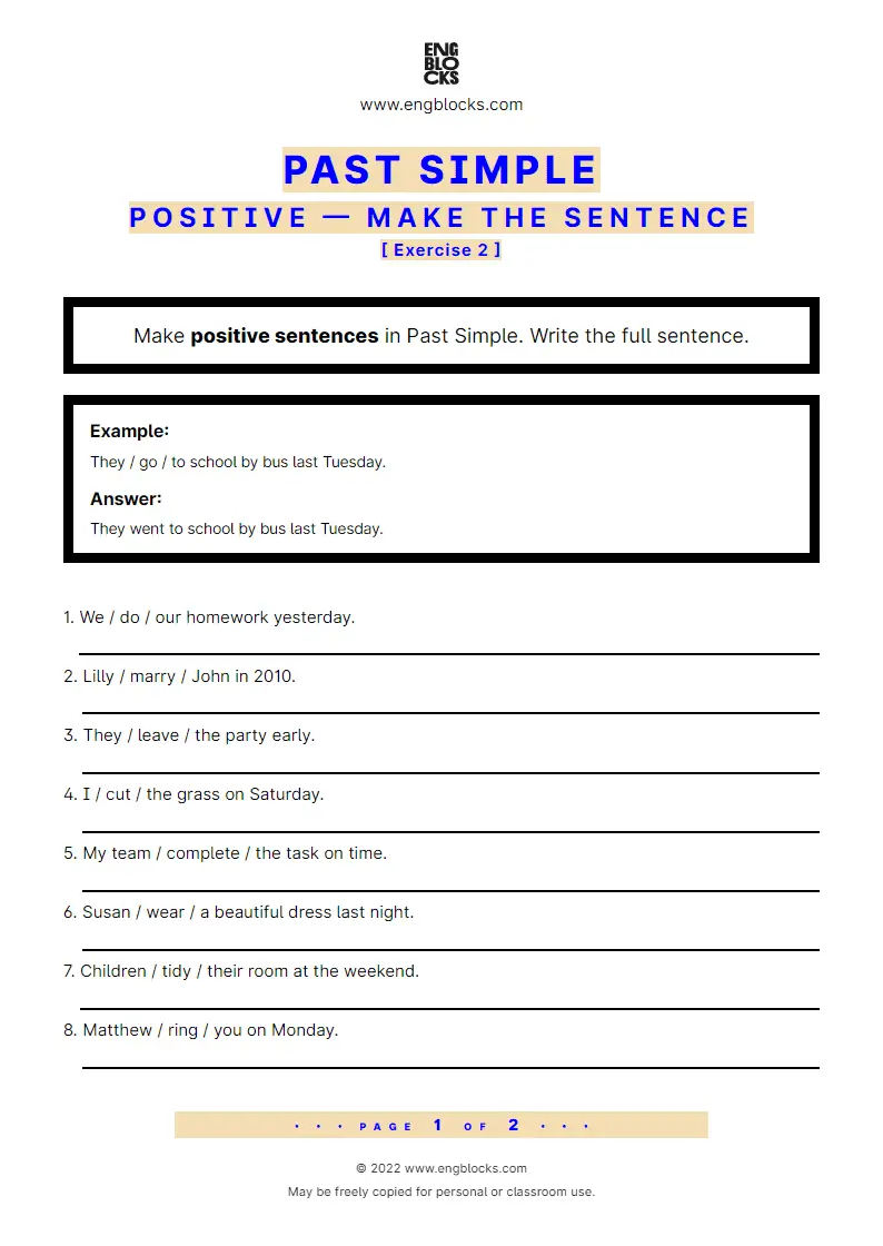 Grammar Worksheet: Past Simple — Positive — Make the sentence — Exercise 2