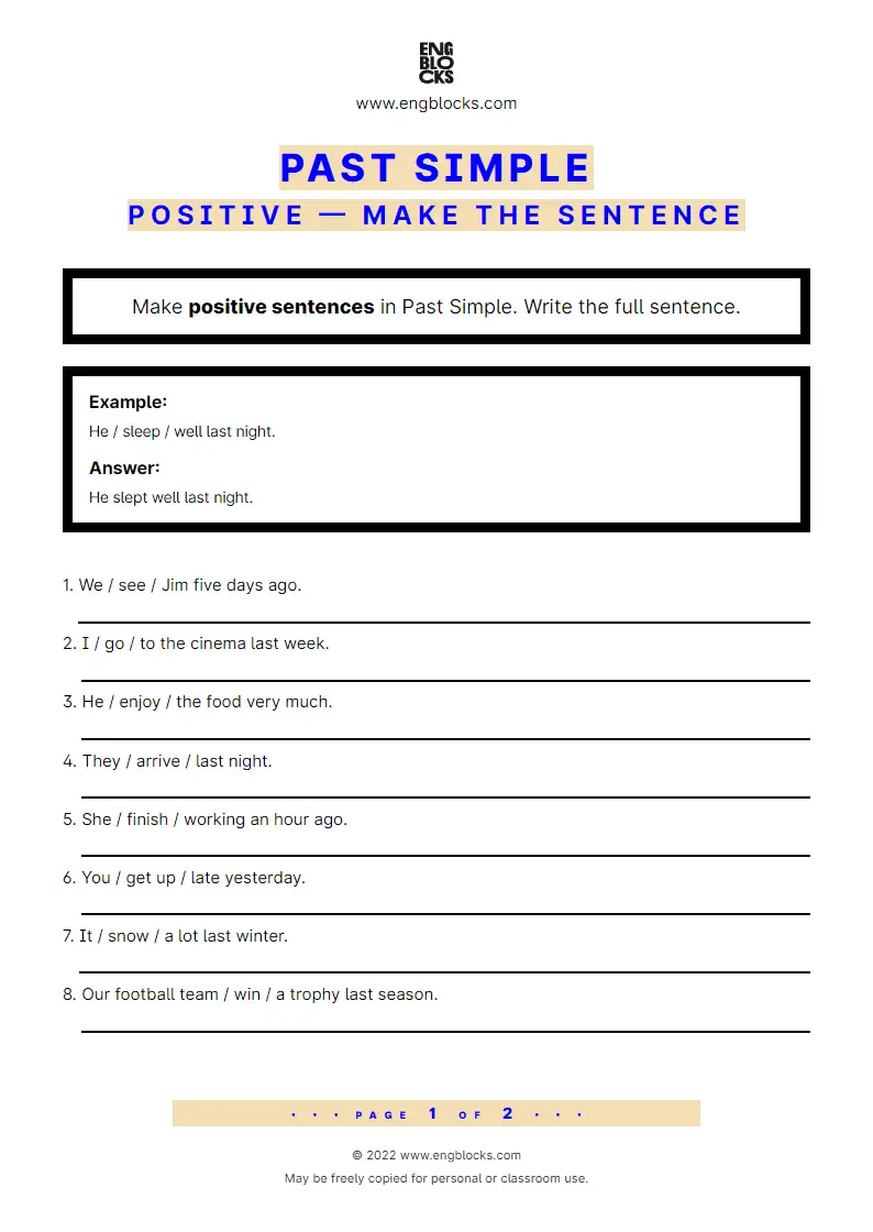 Grammar Worksheet: Past Simple — Positive — Make the sentence