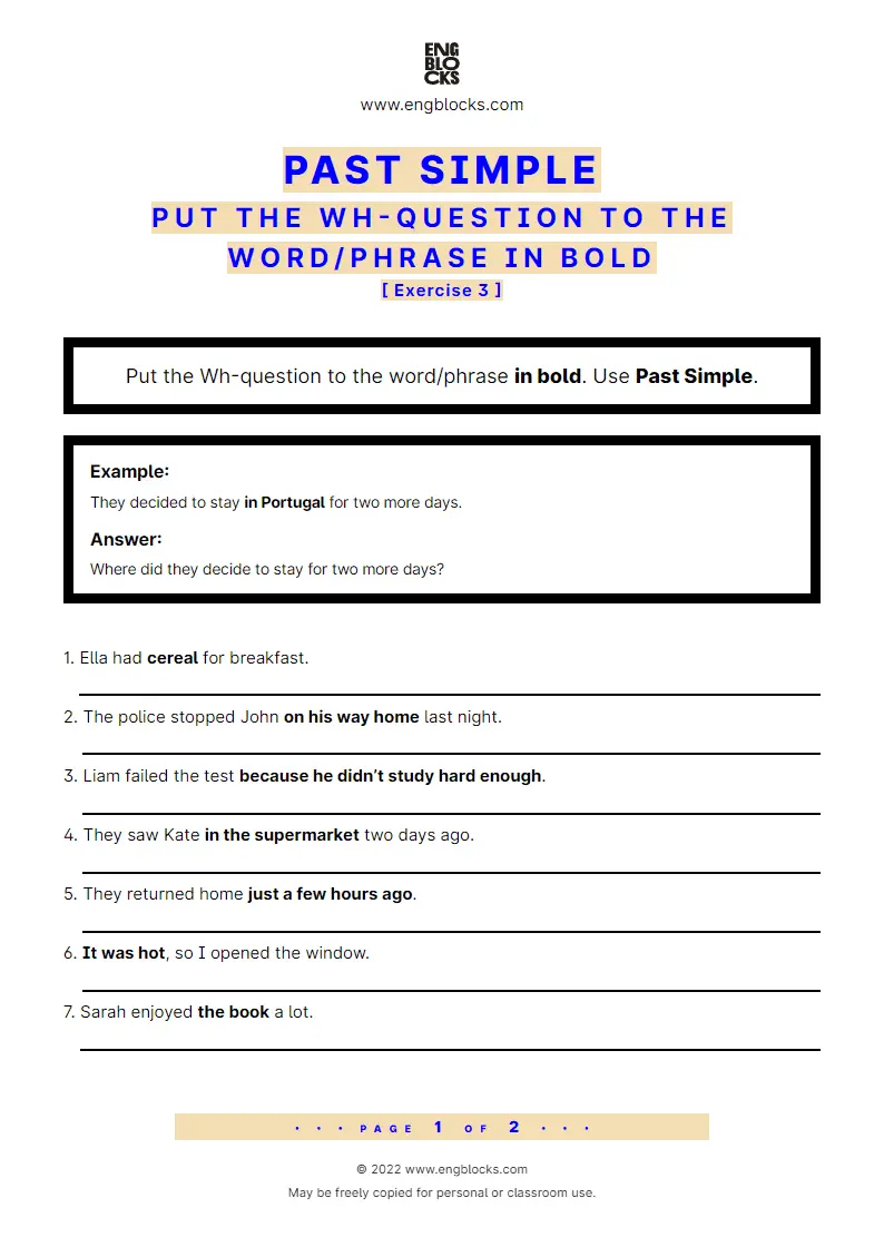 past simple put the wh question to the word phrase in bold exercise 3 worksheet english grammar