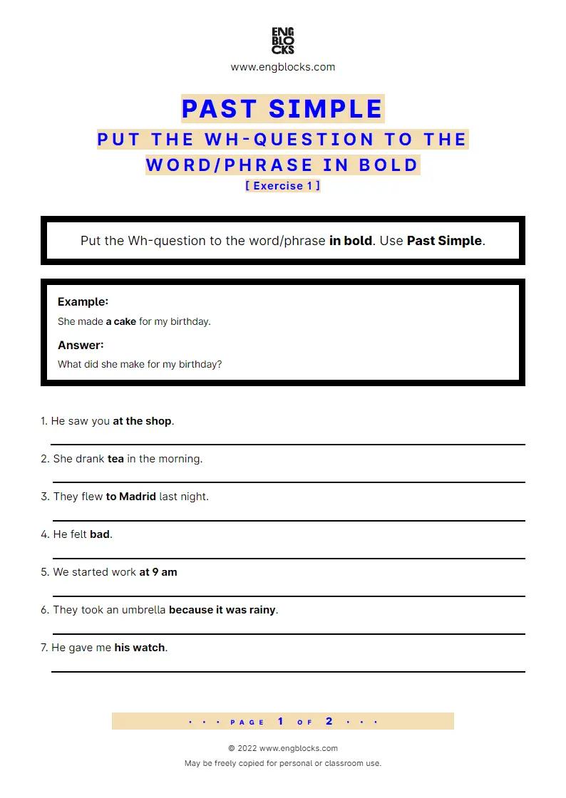Grammar Worksheet: Past Simple — Put the Wh-question to the word/‌phrase in bold