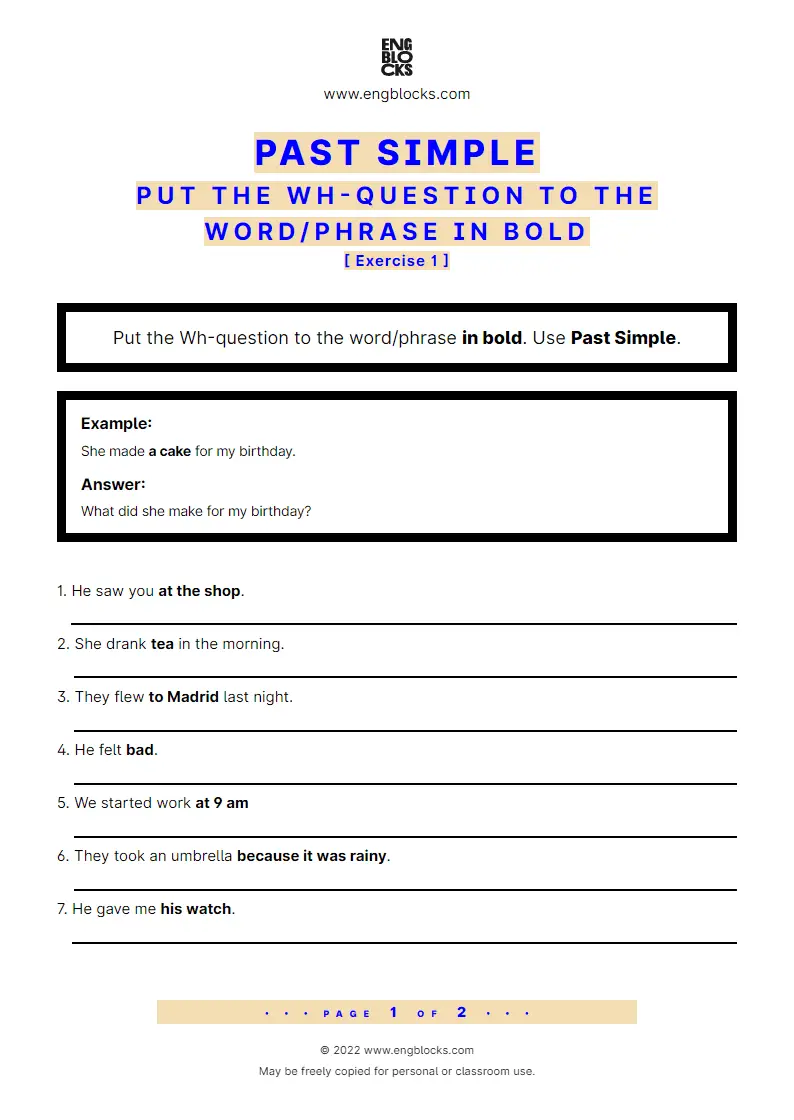 Grammar Worksheet: Past Simple — Put the Wh-question to the word/‌phrase in bold