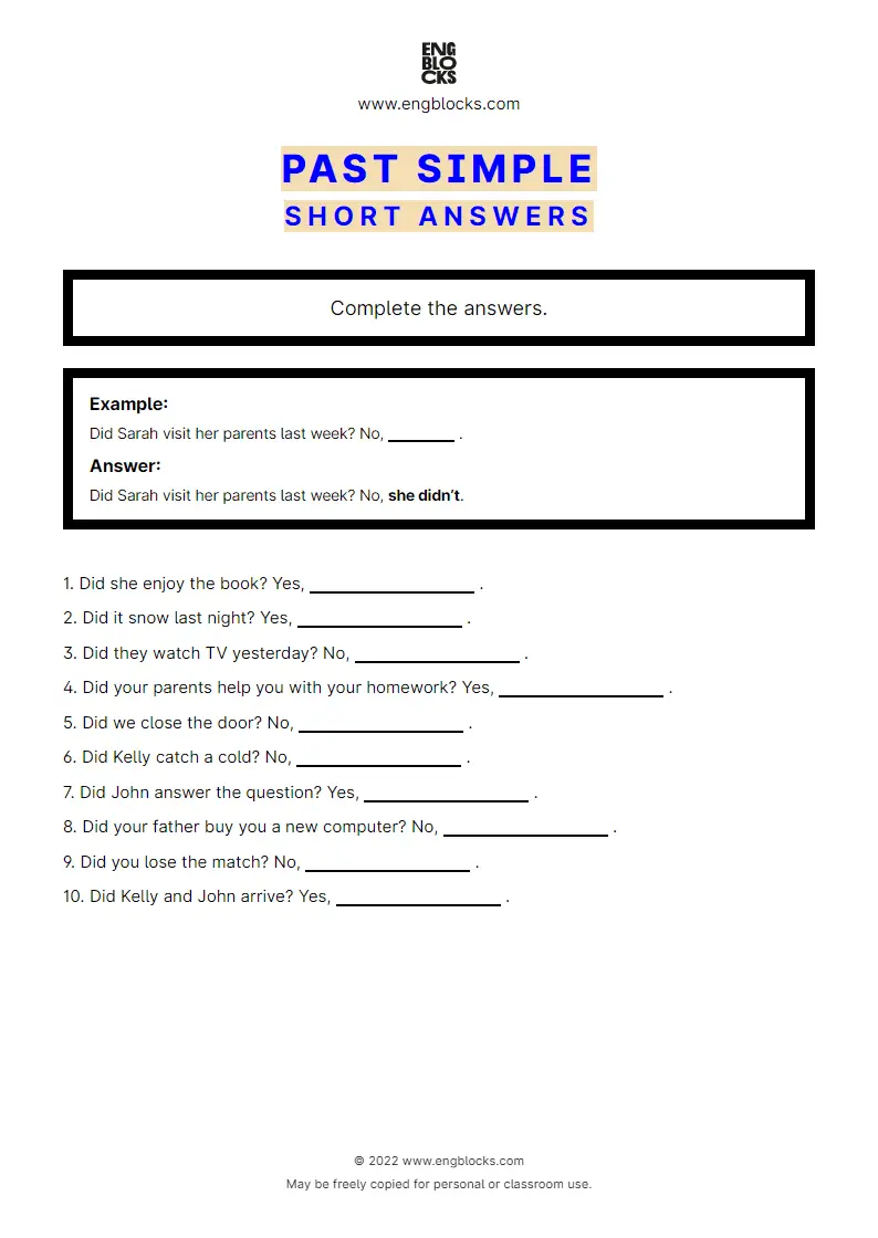 Grammar Worksheet: Past Simple — Short answers
