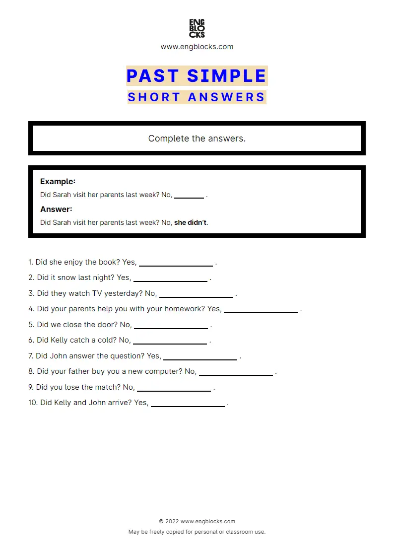 Grammar Worksheet: Past Simple — Short answers