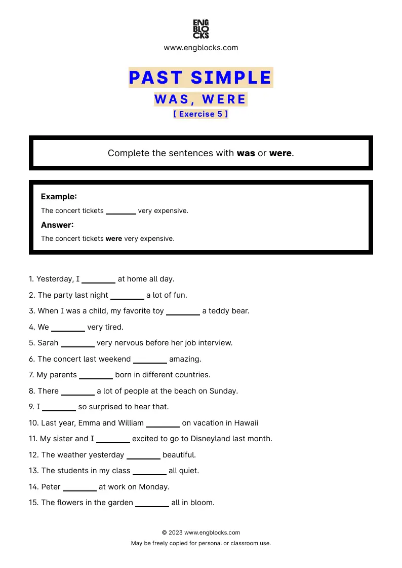 Grammar Worksheet: Past Simple (was, were) — Exercise 5