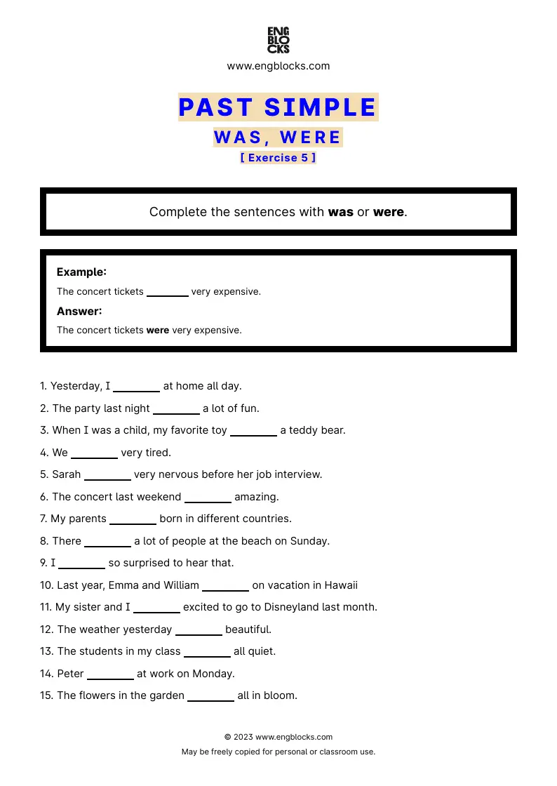 Grammar Worksheet: Past Simple (was, were) — Exercise 5