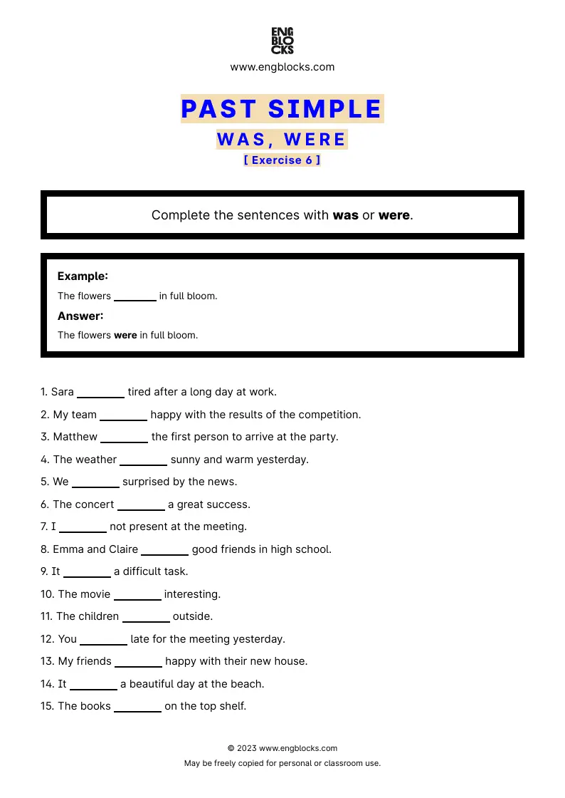 Grammar Worksheet: Past Simple (was, were) — Exercise 6