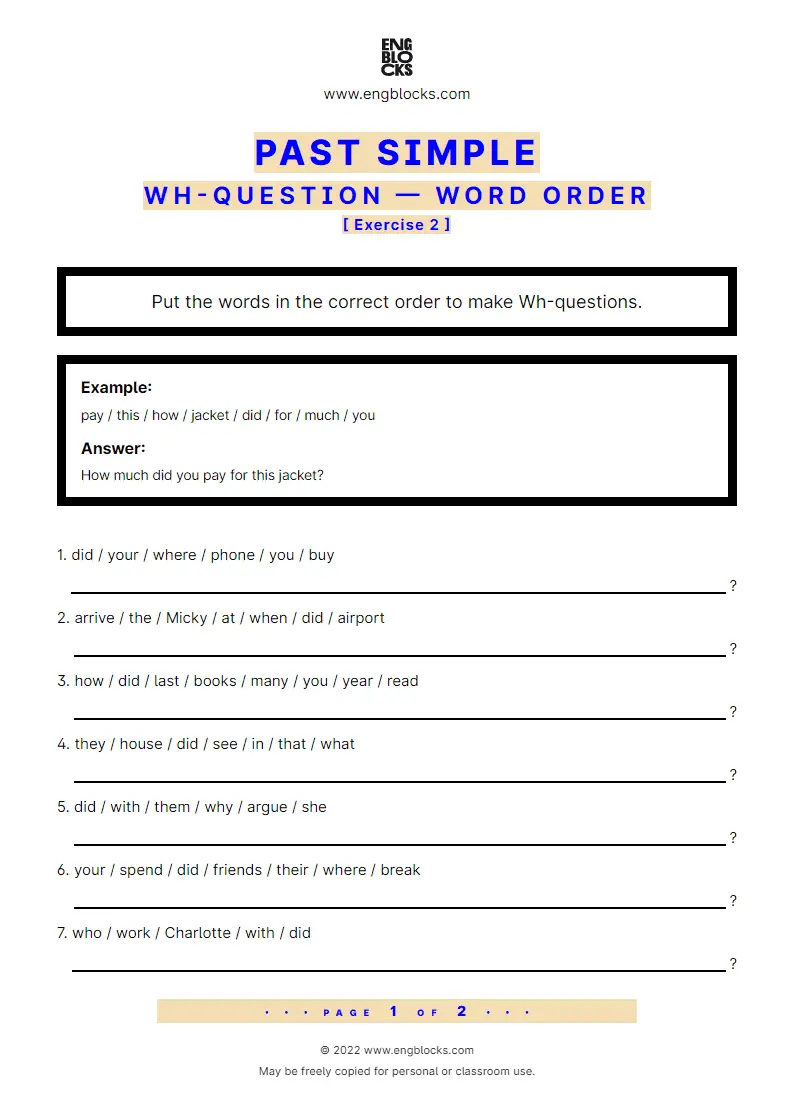Grammar Worksheet: Past Simple — Wh-questions — Word order — Exercise 2
