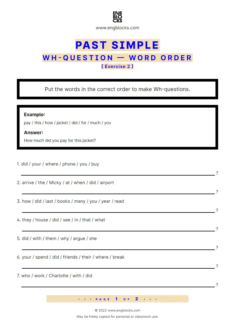 Past Simple Wh Questions Word Order Exercise 3 Worksheet