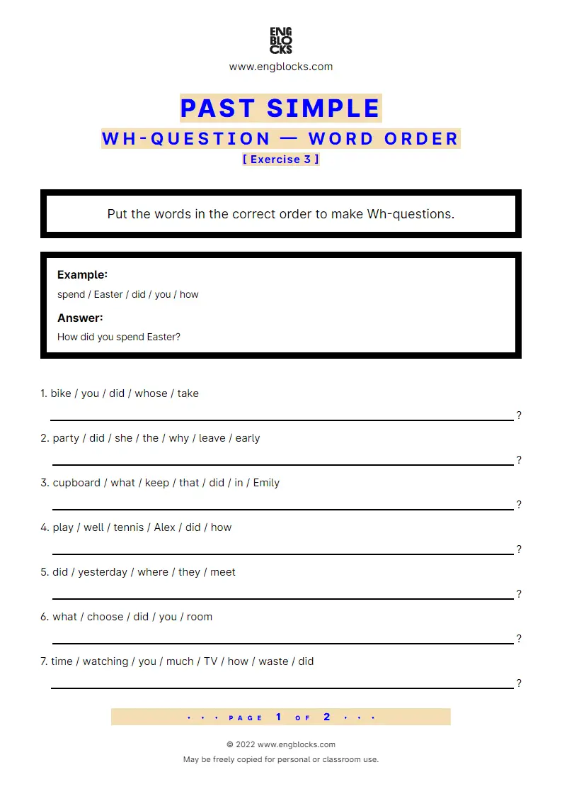 Grammar Worksheet: Past Simple — Wh-questions — Word order — Exercise 3
