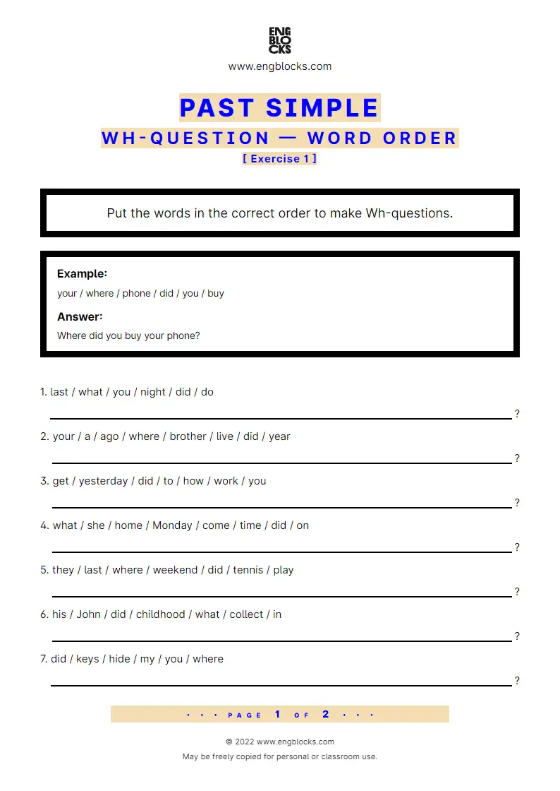 Grammar Worksheet: Past Simple — Wh-questions — Word order