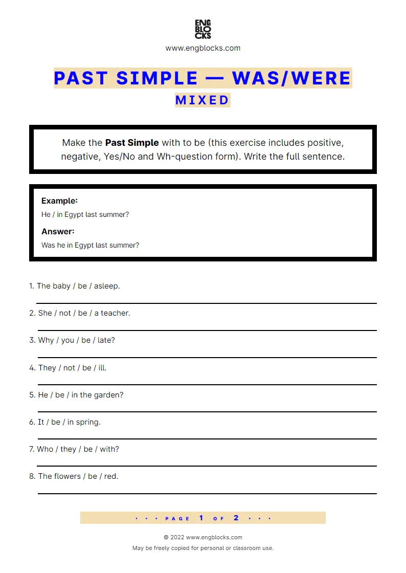 Grammar Worksheet: Past Simple with to be (was/‌were) — Mixed