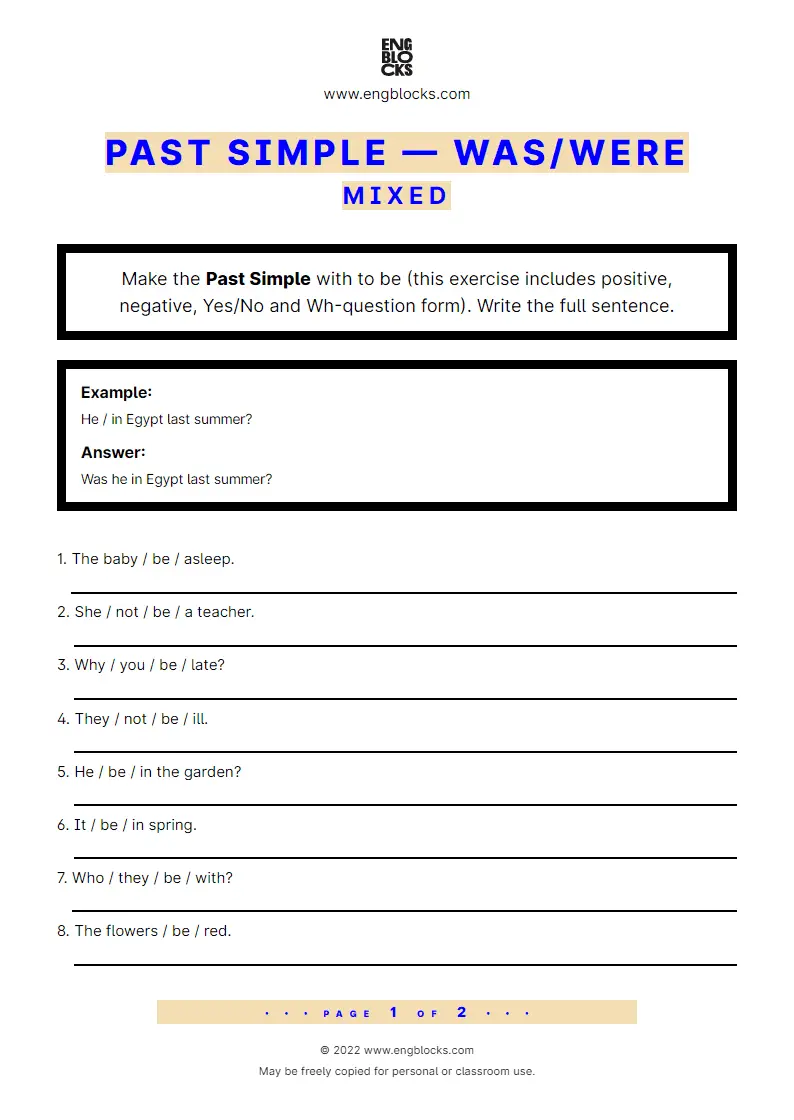 Grammar Worksheet: Past Simple with to be (was/‌were) — Mixed