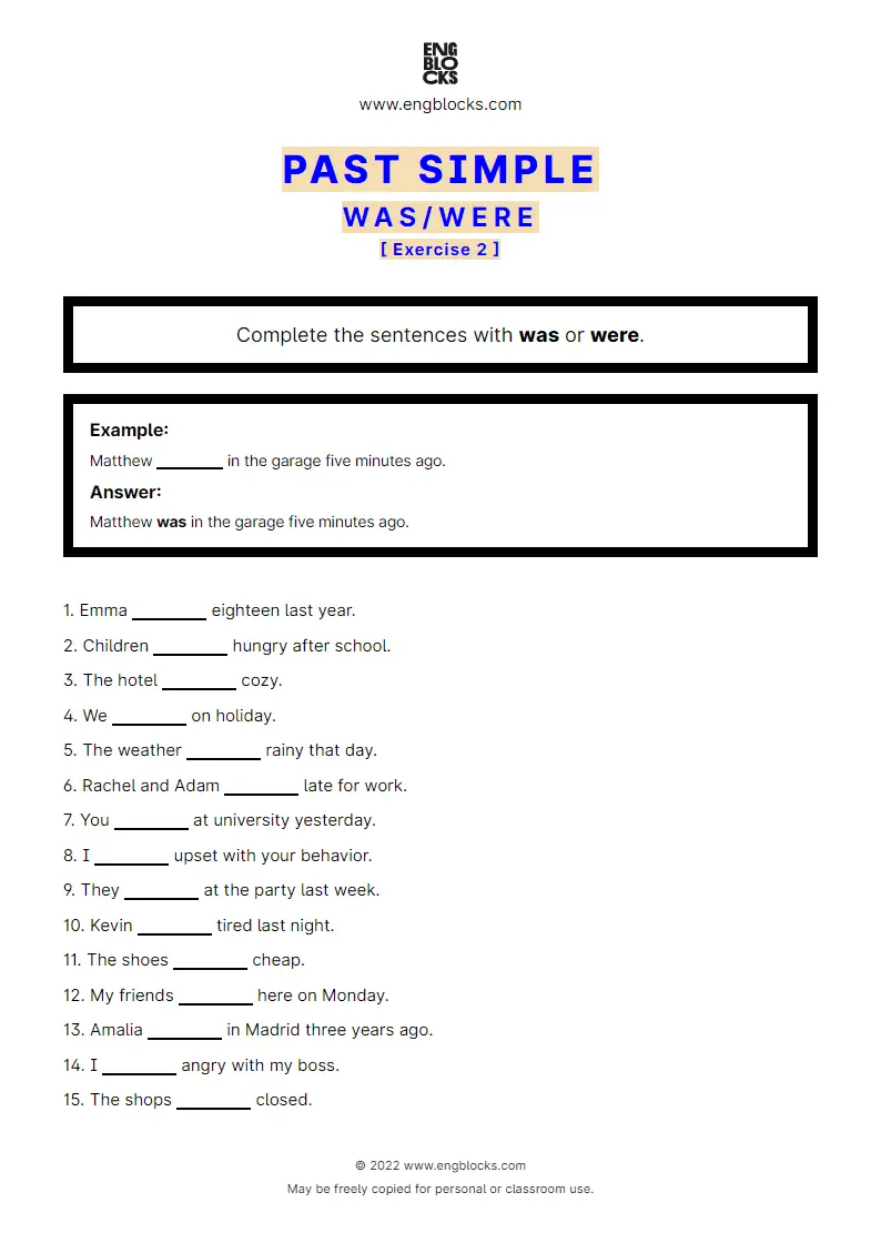 Grammar Worksheet: Past Simple with to be (was/‌were) — Positive — Exercise 2