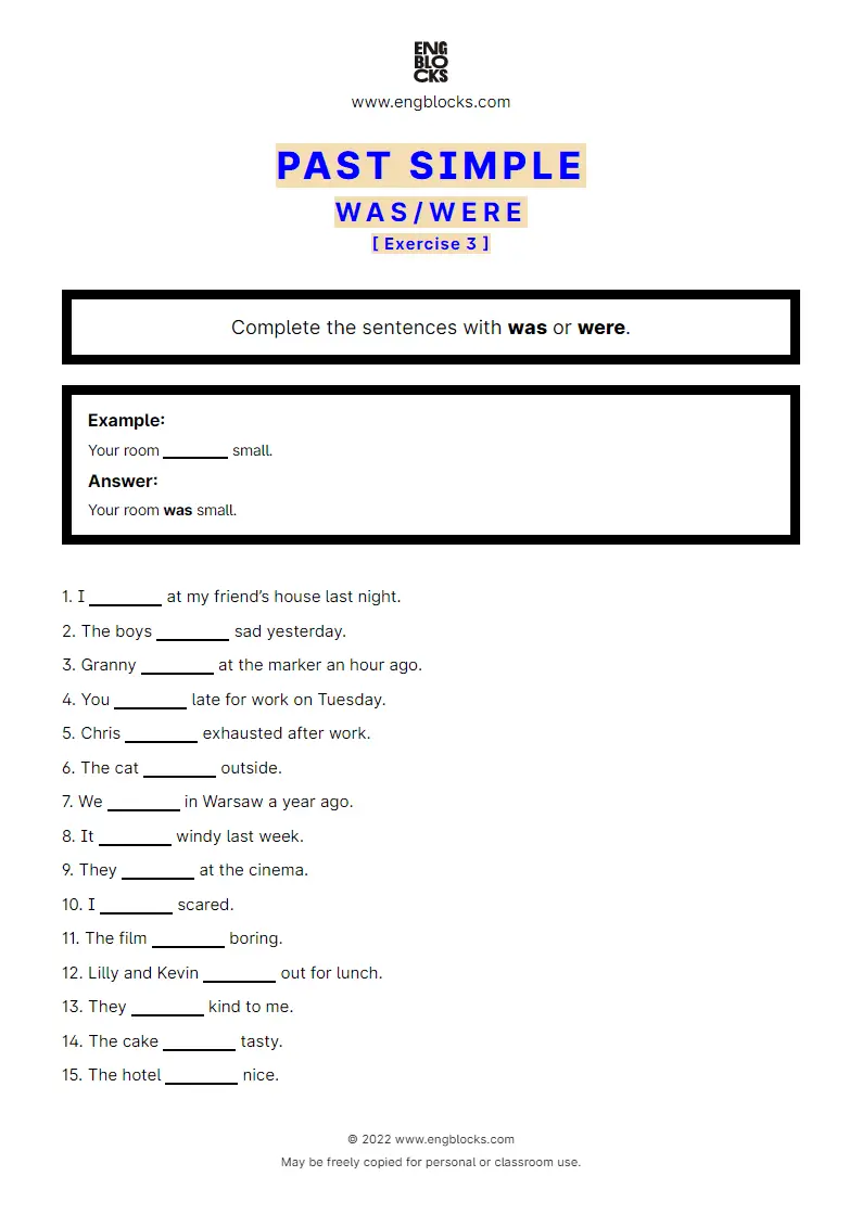 Grammar Worksheet: Past Simple with to be (was/‌were) — Positive — Exercise 3