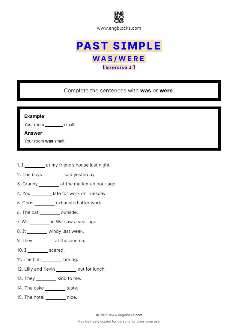 Grammar Worksheet: Past Simple with to be (was/‌were) — Positive — Exercise 3