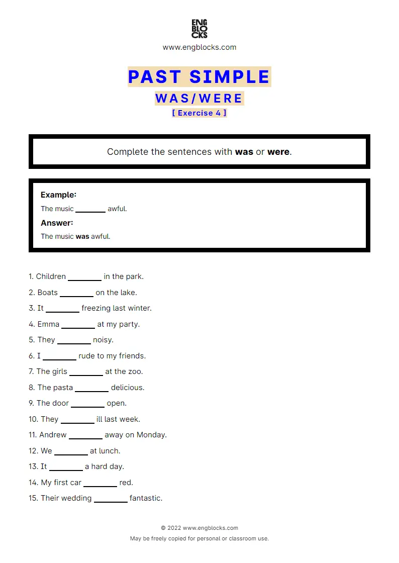 Grammar Worksheet: Past Simple with to be (was/‌were) — Positive — Exercise 4