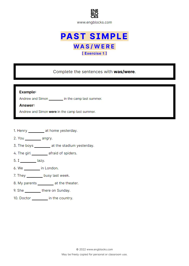 Grammar Worksheet: Past Simple with to be (was/‌were) — Positive