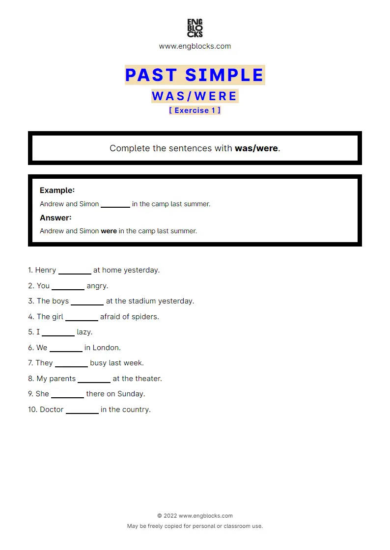 Grammar Worksheet: Past Simple with to be (was/‌were) — Positive