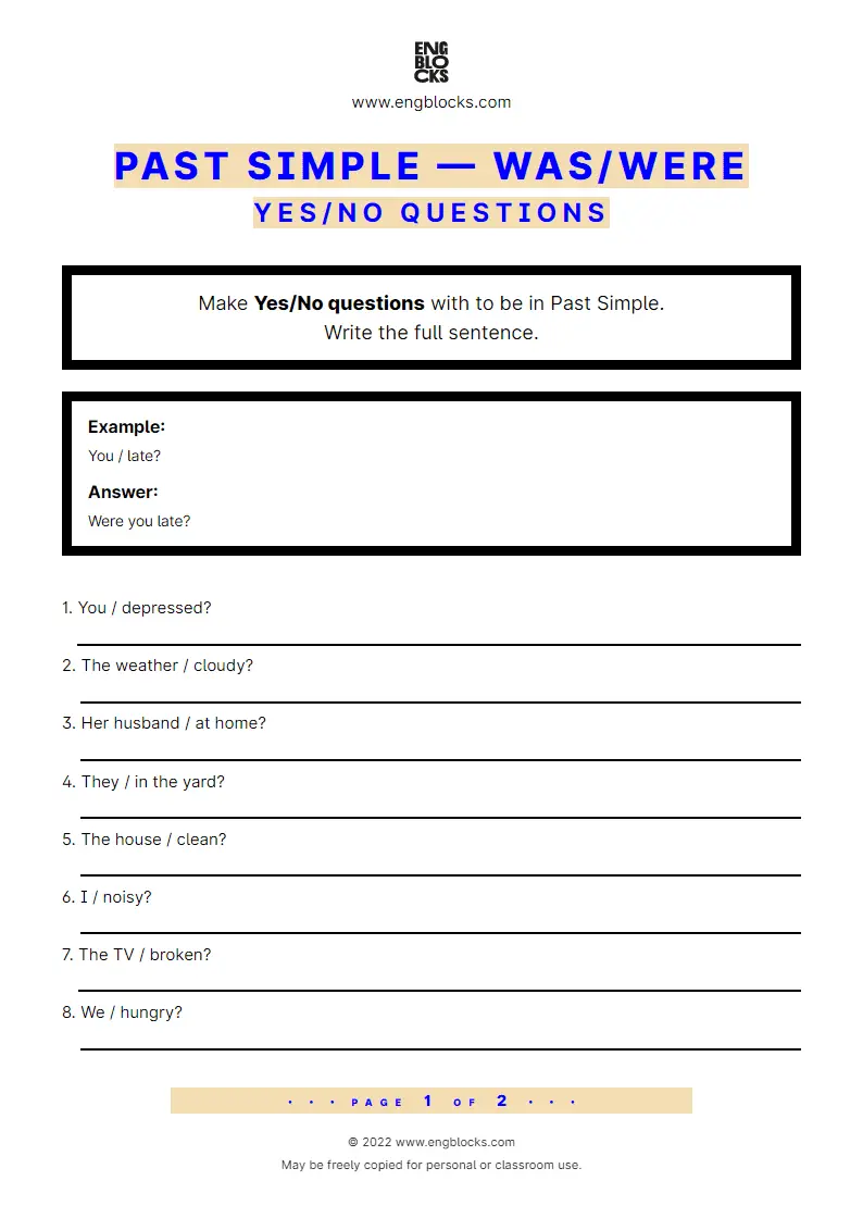 Grammar Worksheet: Past Simple with to be (was/‌were) — Yes/‌No questions