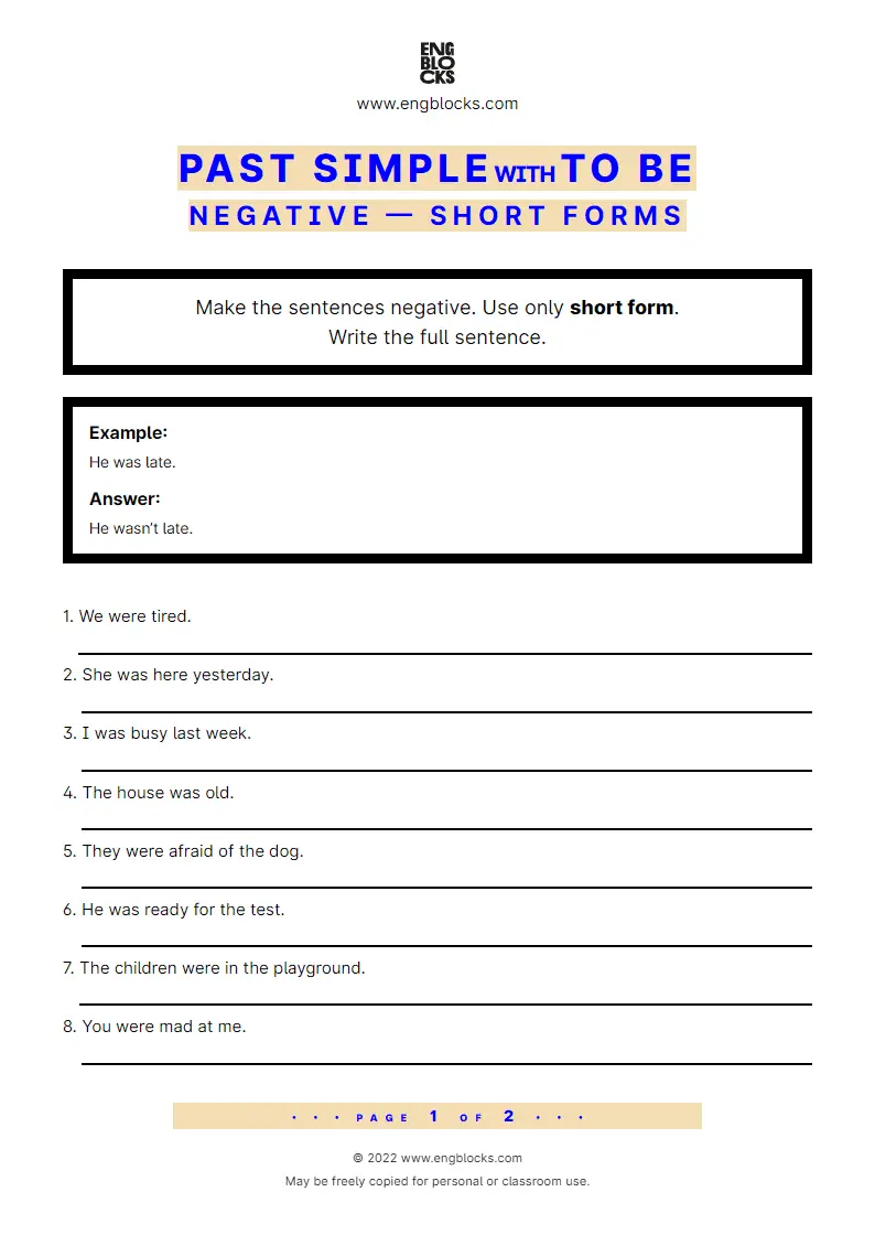 Grammar Worksheet: Past Simple with to be (wasn’t/‌weren’t) — Negative — Short forms