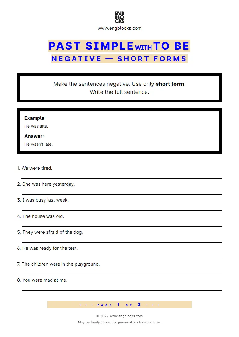 Grammar Worksheet: Past Simple with to be (wasn’t/‌weren’t) — Negative — Short forms