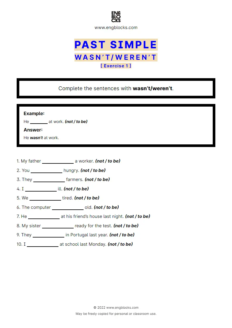 Grammar Worksheet: Past Simple with to be (wasn’t/‌weren’t) — Negative