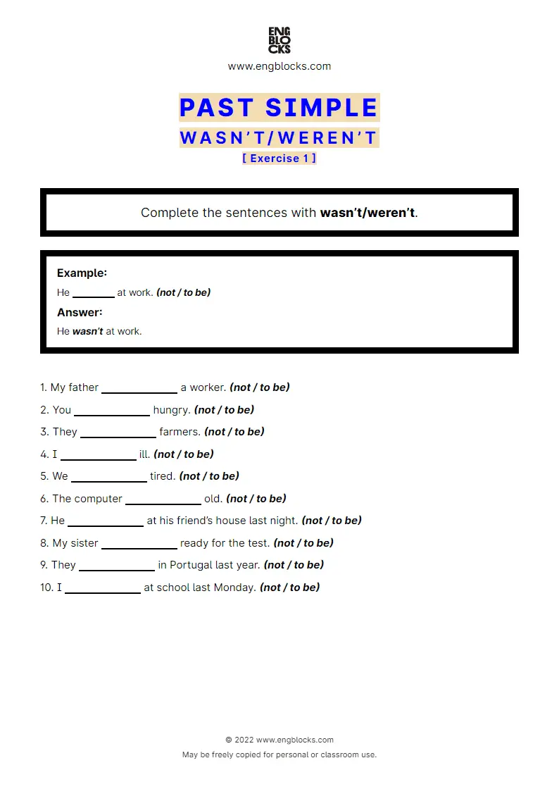 Grammar Worksheet: Past Simple with to be (wasn’t/‌weren’t) — Negative