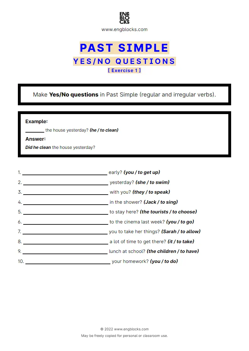 Grammar Worksheet: Past Simple — Yes/‌No question — regular and irregular verbs — Exercise 1