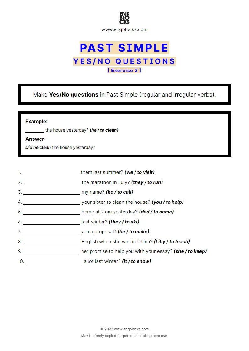 Grammar Worksheet: Past Simple — Yes/‌No question — regular and irregular verbs — Exercise 2