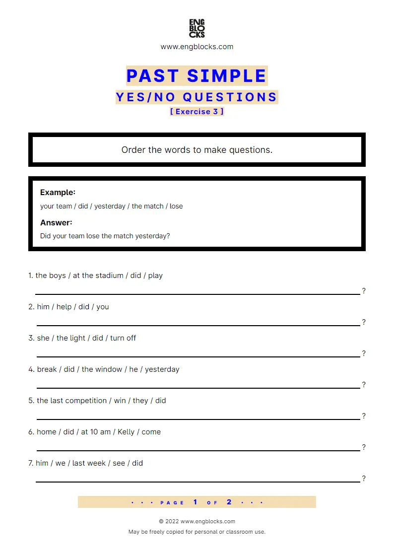 Grammar Worksheet: Past Simple — Yes/‌No question — regular and irregular verbs — Exercise 3