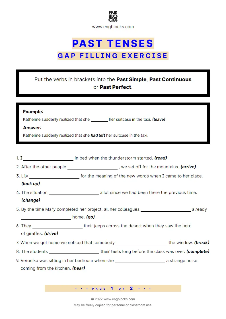 Grammar Worksheet: Past Tenses — Gap filling