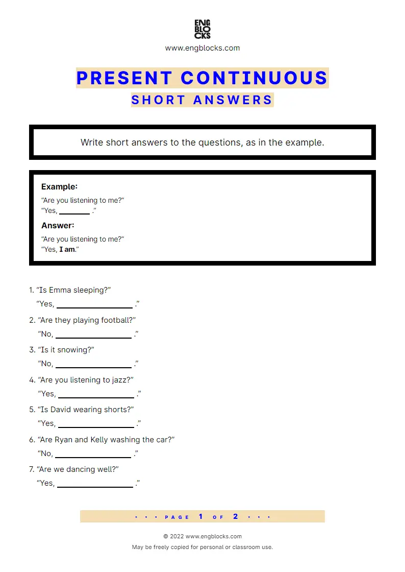 Grammar Worksheet: Present Continous — Short answers