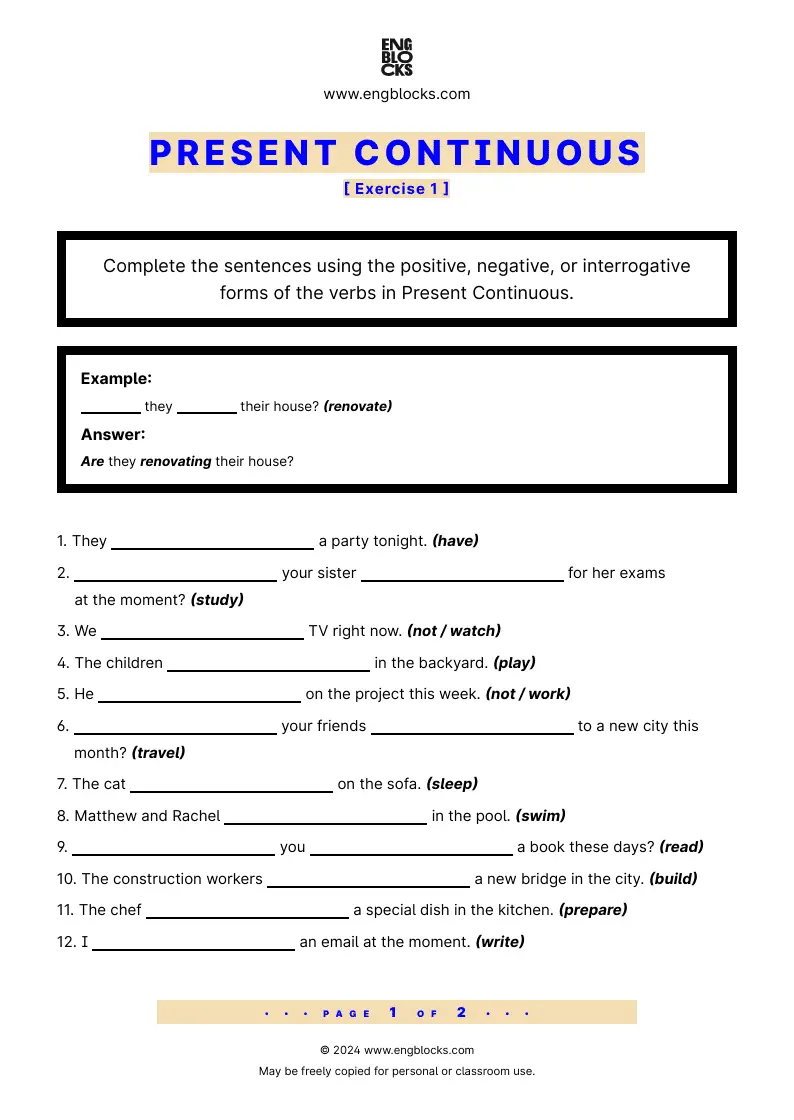 Grammar Worksheet: Present Continuous — Exercise 1