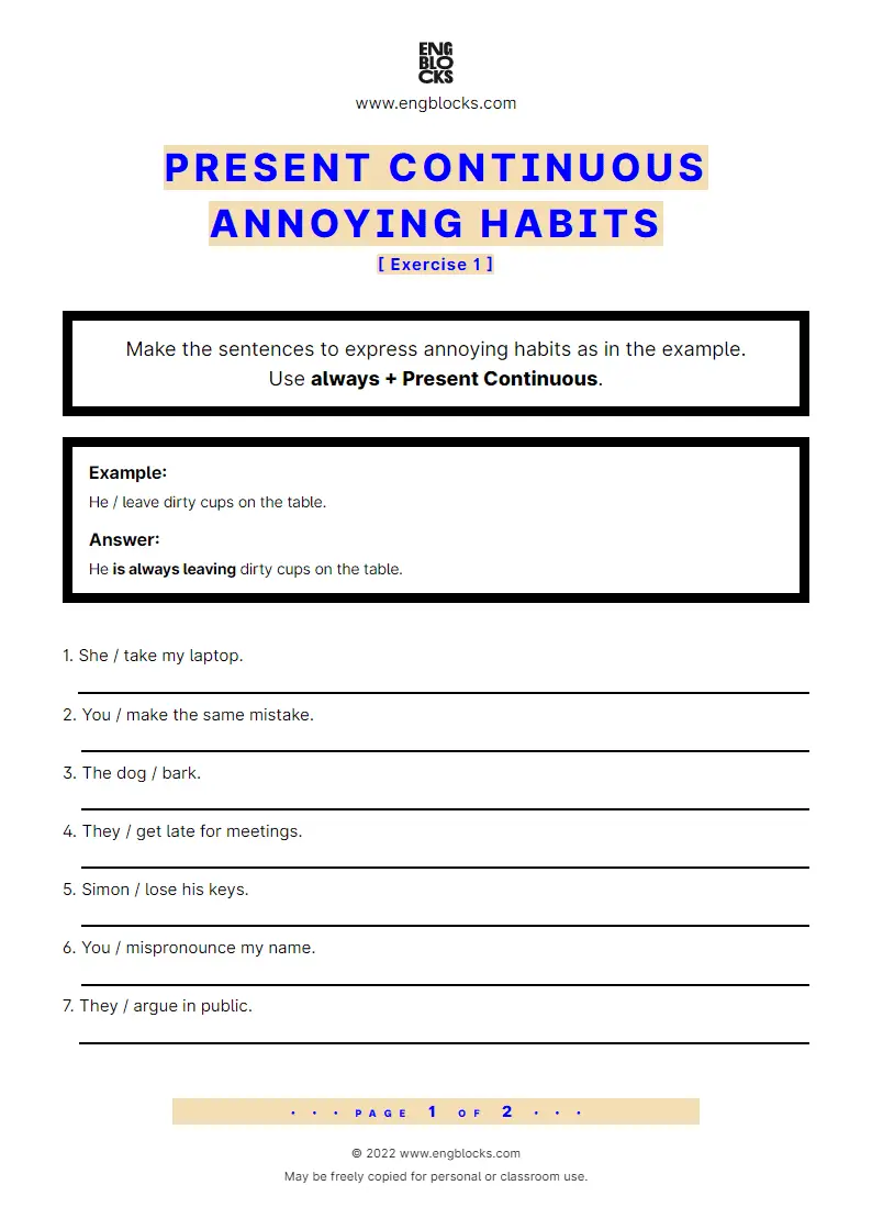 Grammar Worksheet: Present Continuous for annoying habits — Exercise 1