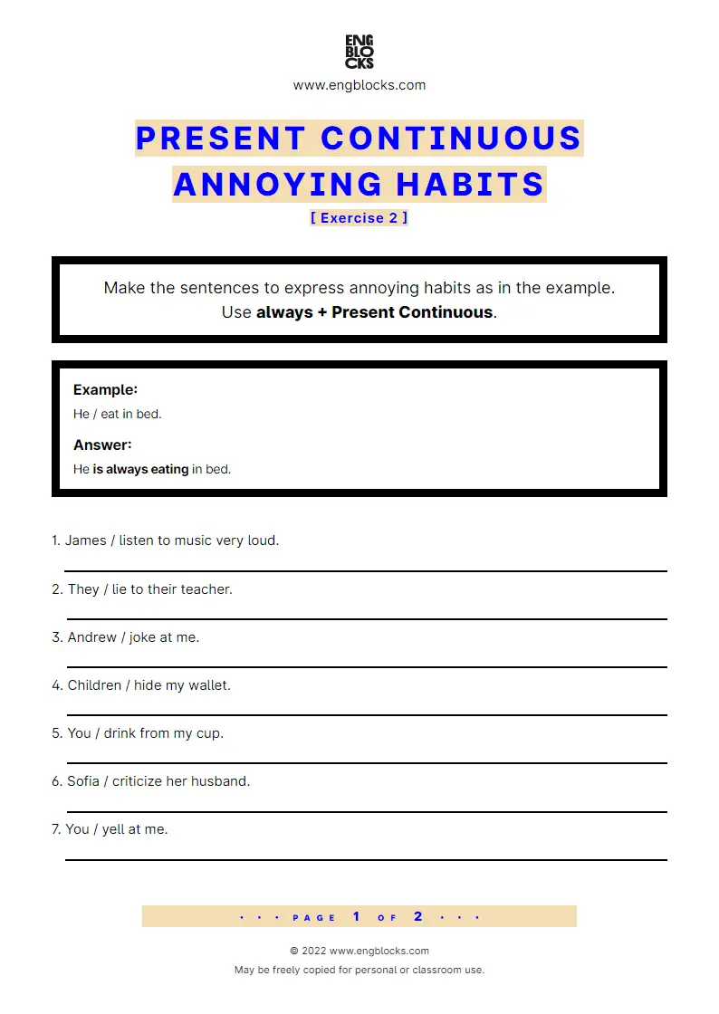 Grammar Worksheet: Present Continuous for annoying habits — Exercise 2