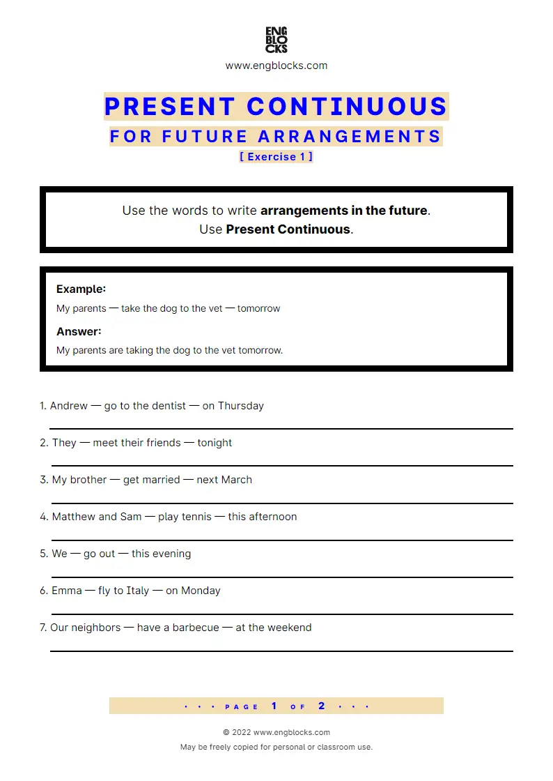 Grammar Worksheet: Present Continuous for future arrangements — Exercise 1