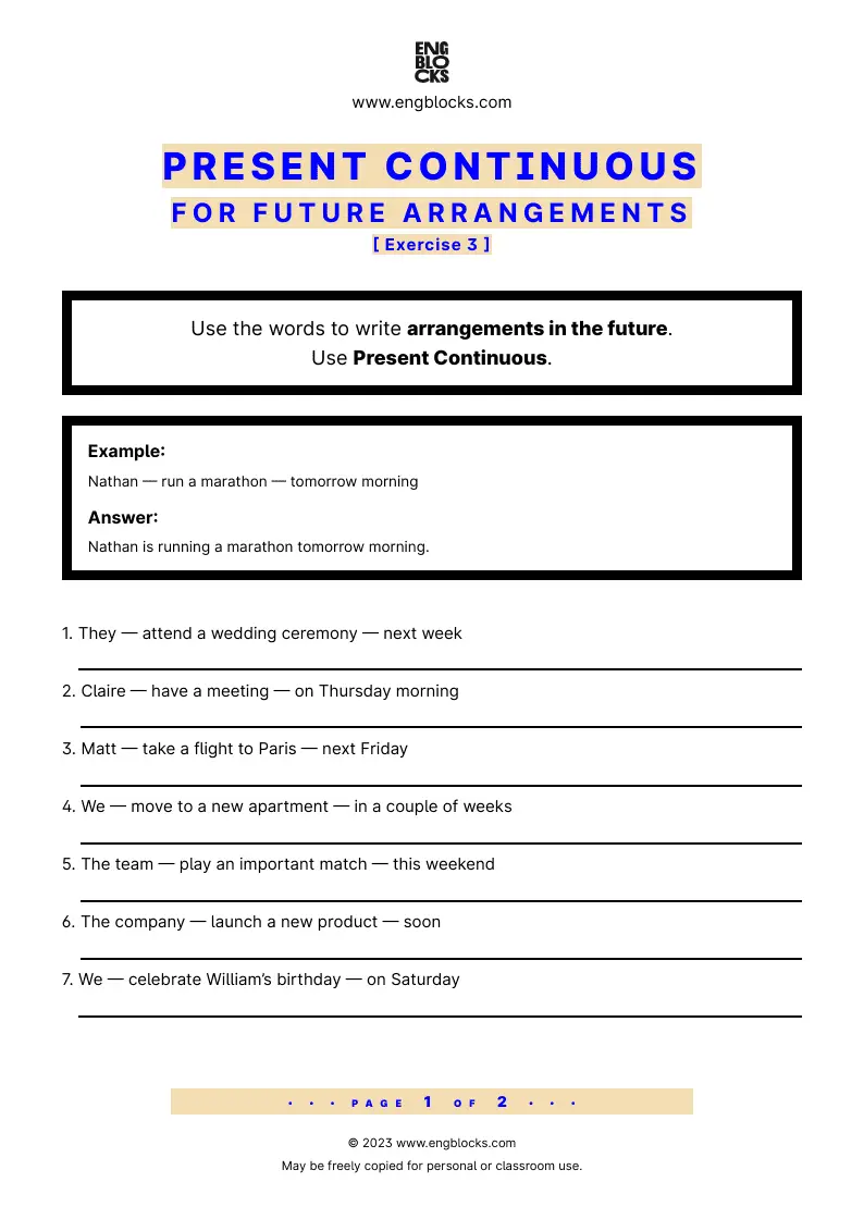 Grammar Worksheet: Present Continuous for future arrangements — Exercise 3