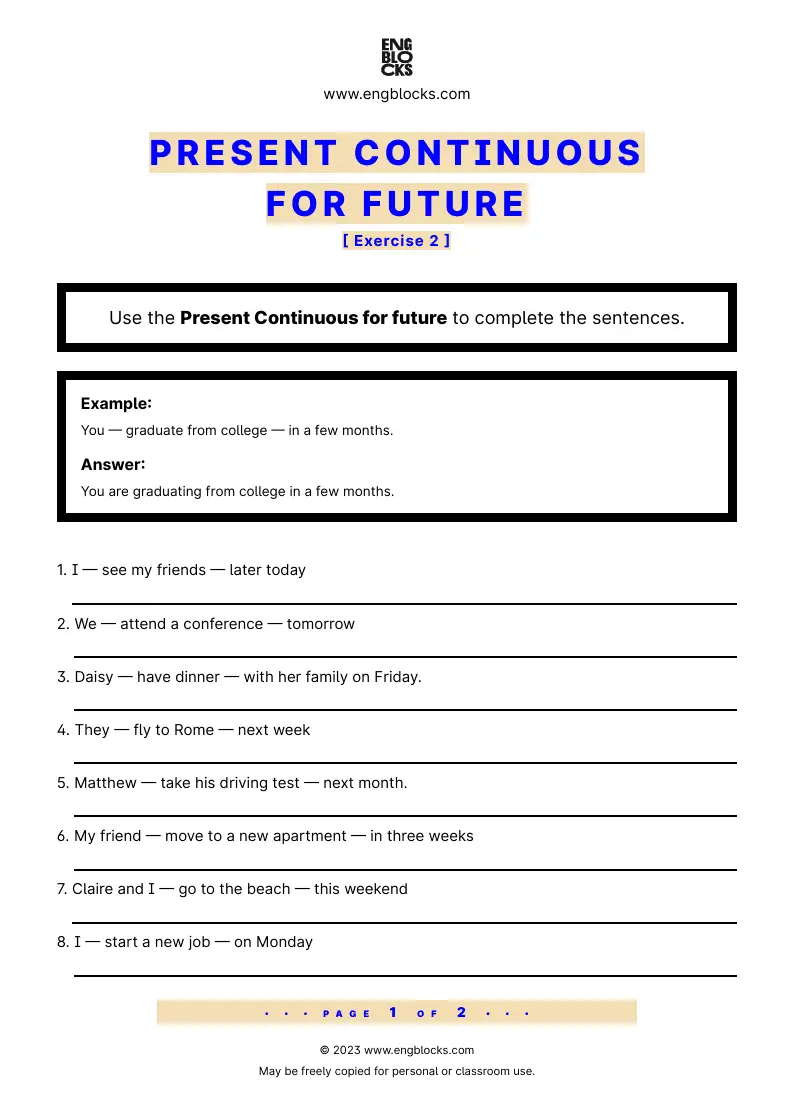 Grammar Worksheet: Present Continuous for future — Exercise 2