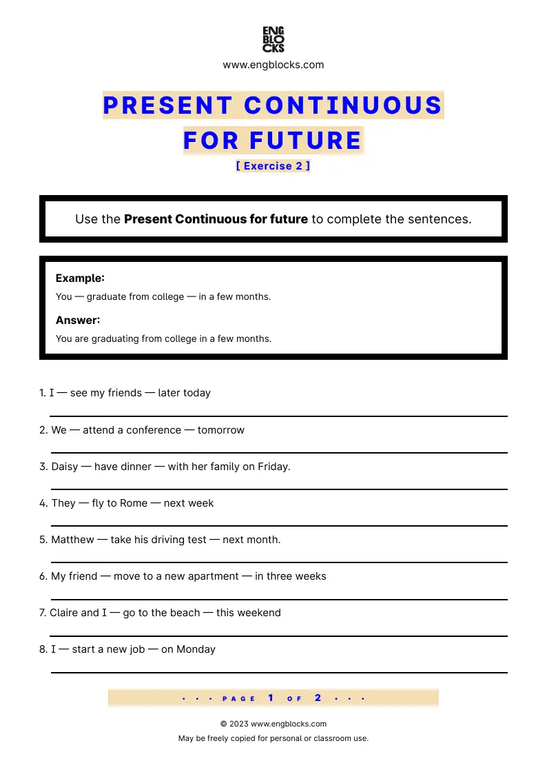 Grammar Worksheet: Present Continuous for future — Exercise 2