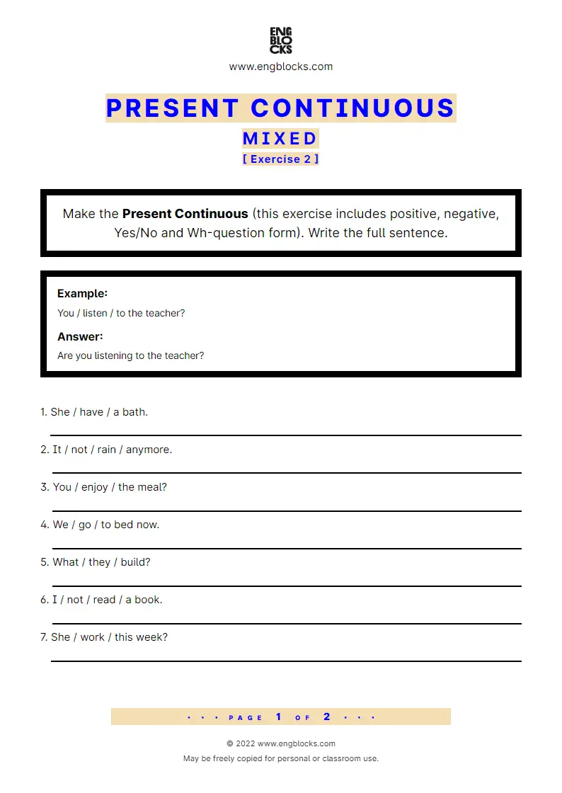 Grammar Worksheet: Present Continuous — Mixed — Exercise 2