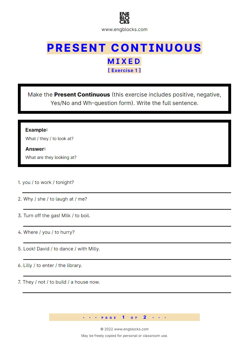 Grammar Worksheet: Present Continuous — Mixed