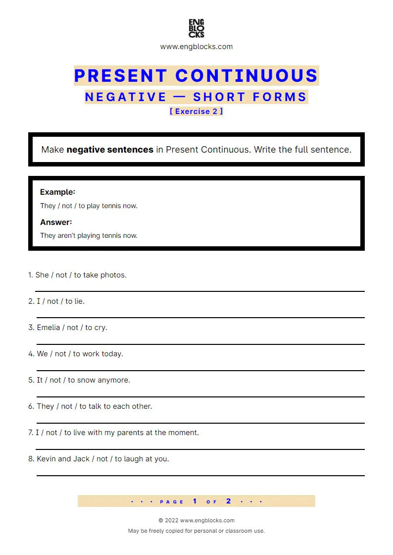 Grammar Worksheet: Present Continuous — Negative — Short forms — Exercise 2