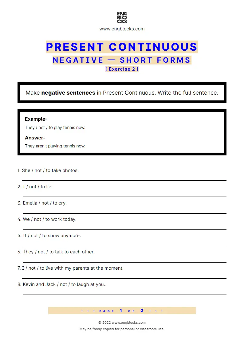 Grammar Worksheet: Present Continuous — Negative — Short forms — Exercise 2