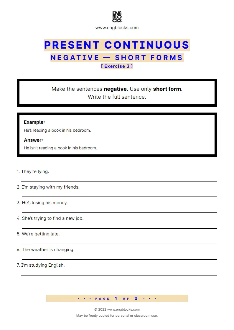 Grammar Worksheet: Present Continuous — Negative — Short forms — Exercise 3