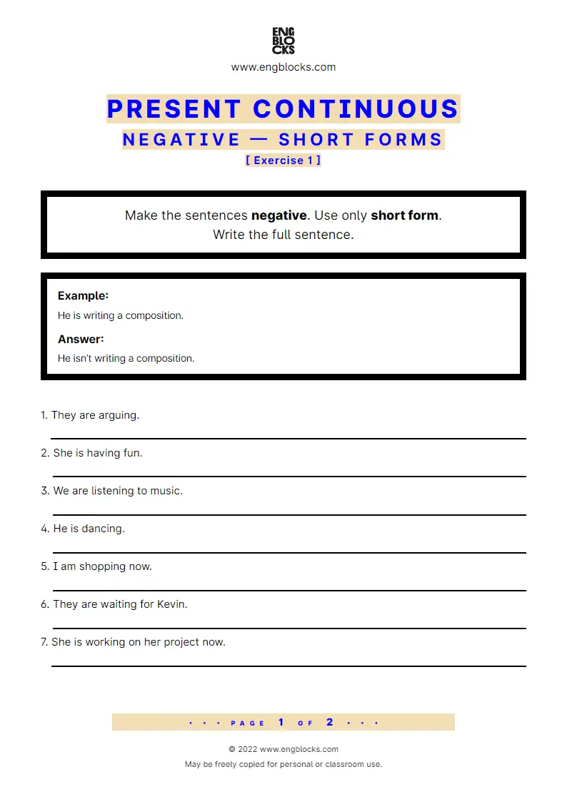 Grammar Worksheet: Present Continuous — Negative — Short forms
