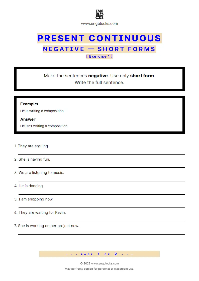 Grammar Worksheet: Present Continuous — Negative — Short forms