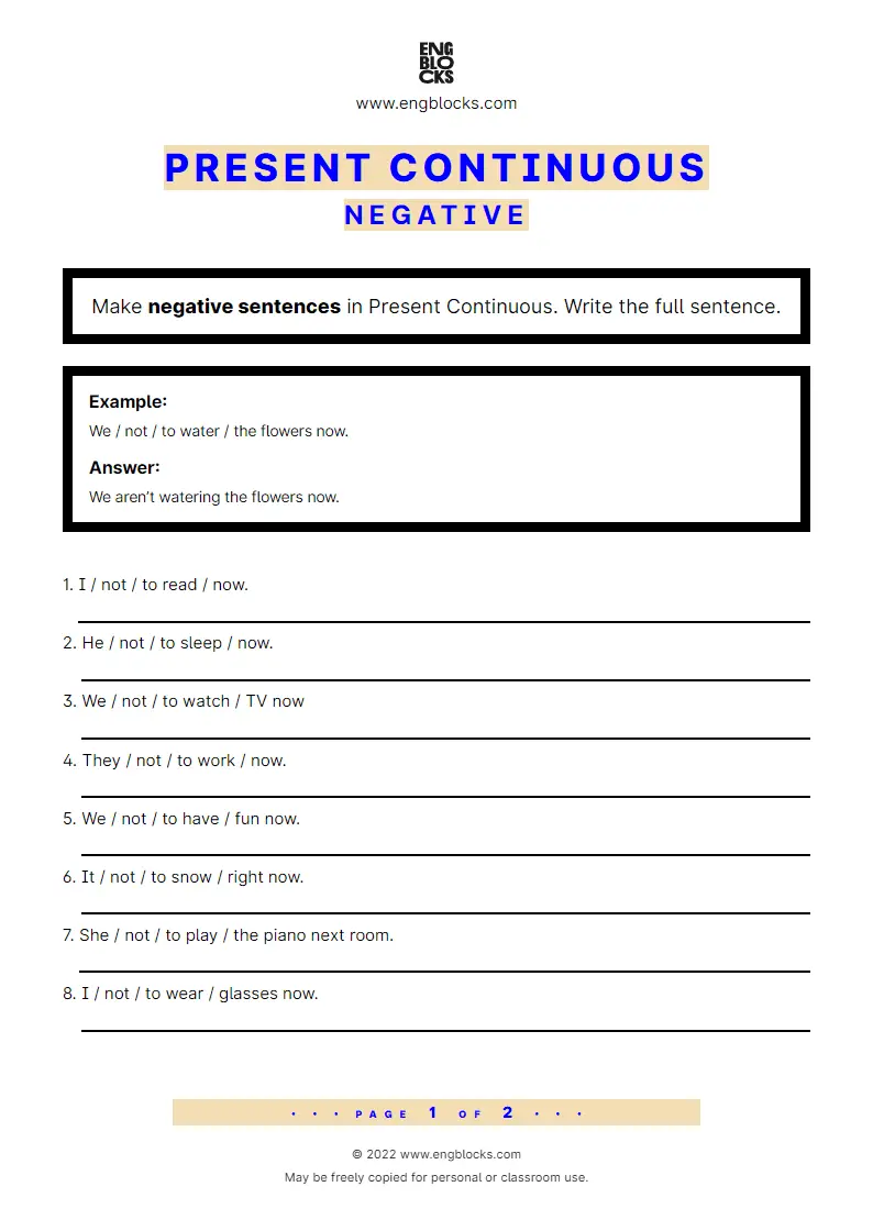 Grammar Worksheet: Present Continuous — Negative