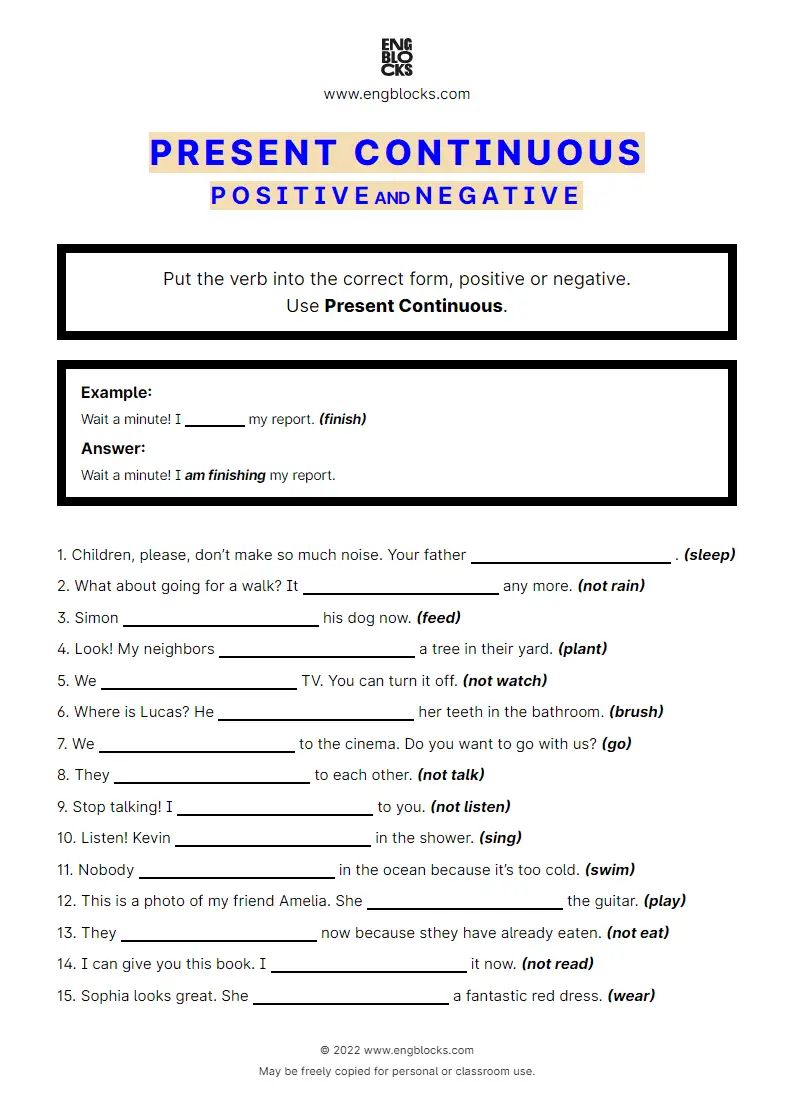Grammar Worksheet: Present Continuous — Positive and Negative