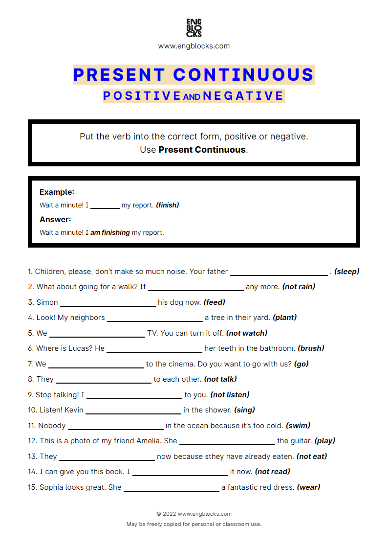 Present Continuous Positive And Negative Worksheet English Grammar